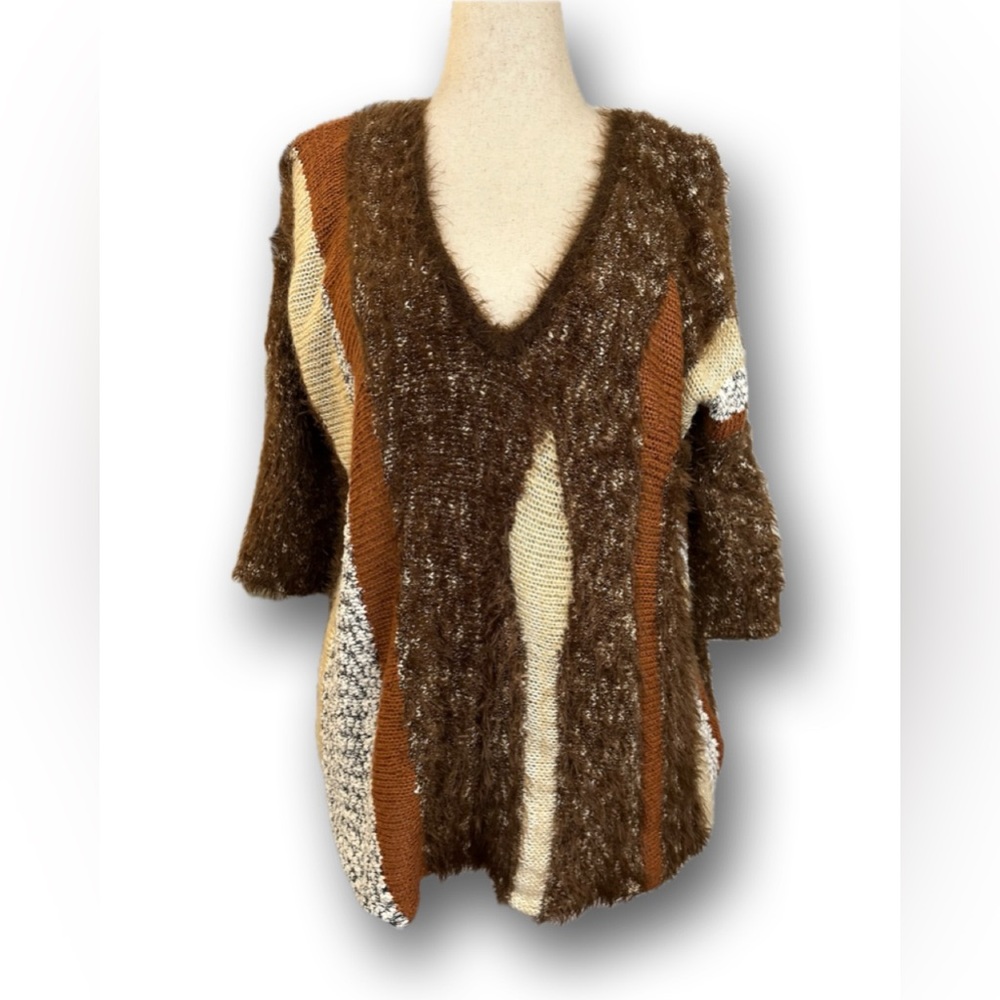 VIP Brown and Cream V-Neck Knit Fuzzy Sweater